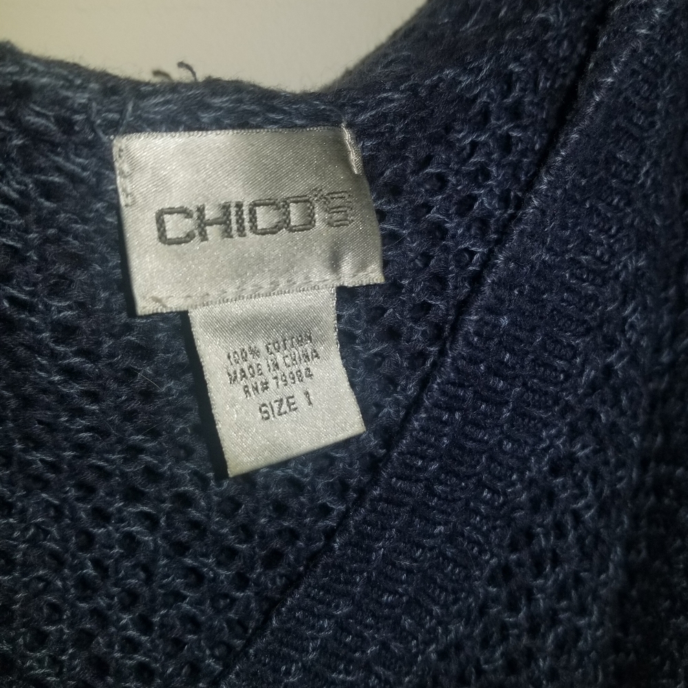 Chico's Open Stich Pullover Sweater Navy Size 1 with Hood